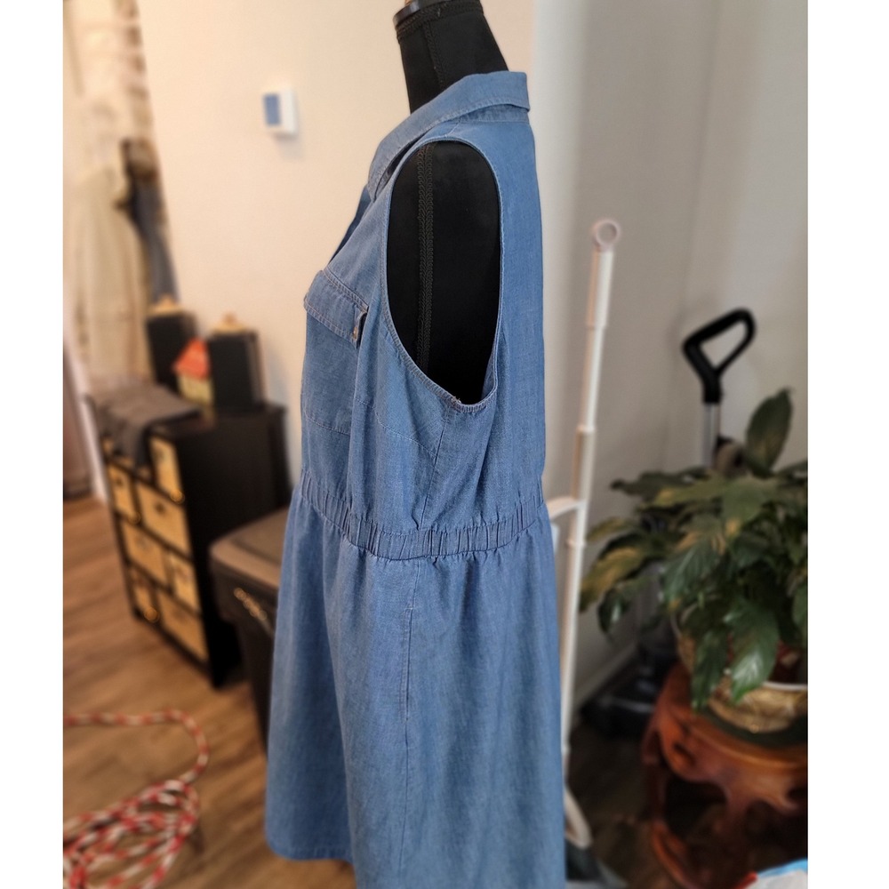 Ava & Viv Womens 1X Blue Denim Sleeveless Button Front Shirt Dress w/ Pockets - Picture 2 of 6